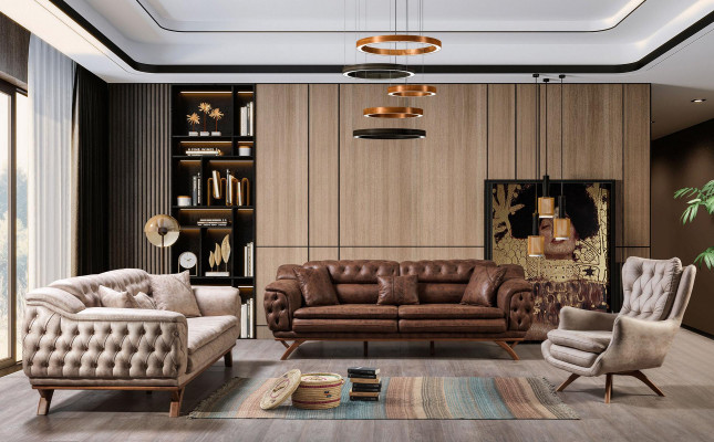 Chesterfield 3-zits Beige Design Banken Gestoffeerde Bankstellen Textiel Bank