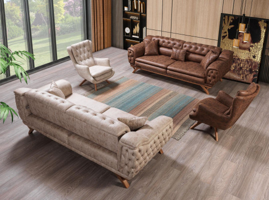 Chesterfield 3-zits Beige Design Banken Gestoffeerde Bankstellen Textiel Bank