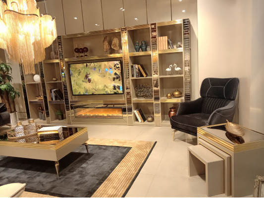 Woonkamer muur houten luxe set nieuwe stijl modern luxueus beige