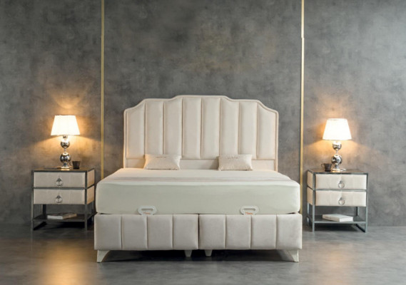 Slaapkamer Set Beige Metaal Bed Luxe 2x Nachtkastjes Elegant 3-delig
