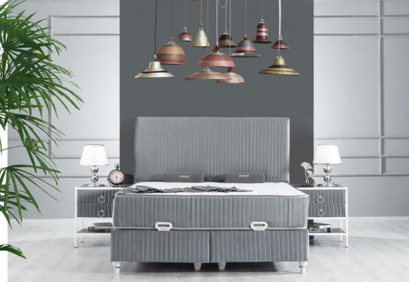 Slaapkamer set Grijs Metaal Bed Boxspring Design 2x Nachtkastjes Nieuw 3-delig.