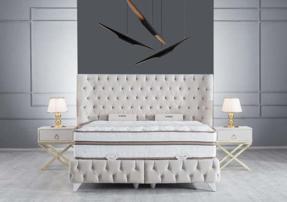 Slaapkamer set Wit Boxspring bed Chesterfield Elegant 2x Nachtkastjes 3-delige.