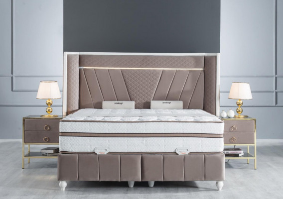 Luxe slaapkamer set Beige Bed 2x Nachtkastje Bedmeubels LED 3-delig