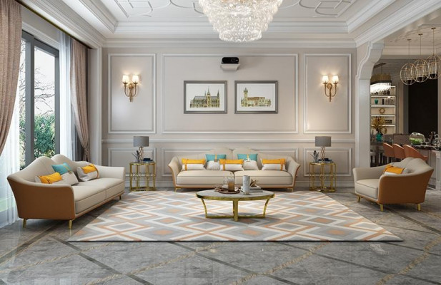 Luxe woonkamerset van leer gestoffeerde bankstellen stoffen bankstel 3+2+1 set.