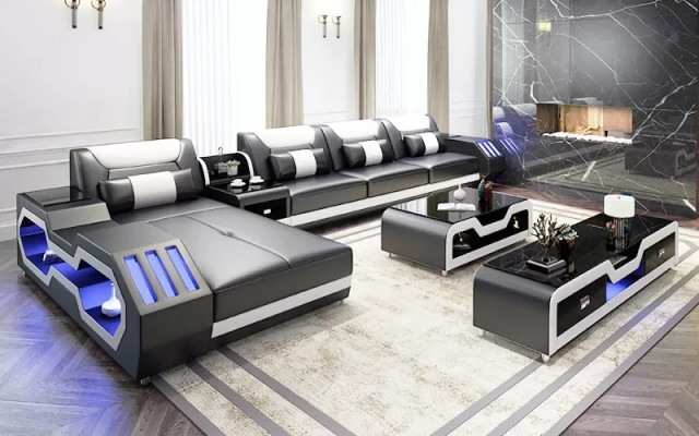 Leren bankstel LED verlichte Designer Hoekbank Gestoffeerde Hoekbank Bank 2-delig.