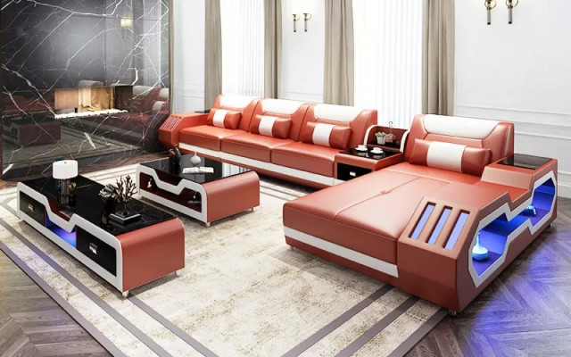 Leren bankstel LED verlichte Designer Hoekbank Gestoffeerde Hoekbank Bank 2-delig.