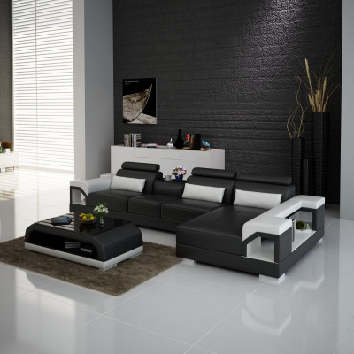 Hoekbank van leer met USB in modern design, L-vormige woonset.