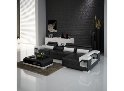 Hoekbank van leer met USB in modern design, L-vormige woonset.