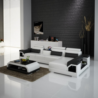 Hoekbank van leer met USB in modern design, L-vormige woonset.