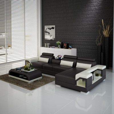 Hoekbank van leer met USB in modern design, L-vormige woonset.