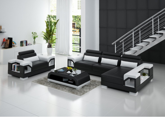 Woonlandschap hoekbank L-vorm fauteuil set suite modern leerbank nieuw.
