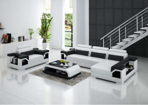 Woonlandschap hoekbank L-vorm fauteuil set suite modern leerbank nieuw.