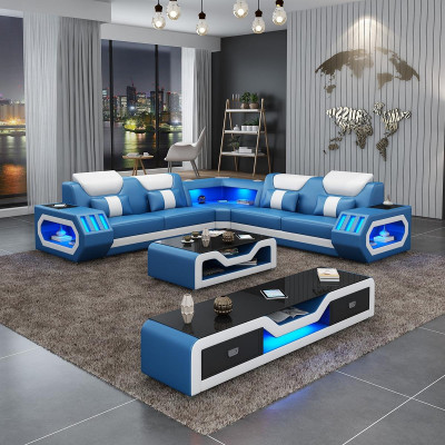 Hoekbank L-vorm Salontafel Bank Bank Ontwerp Bekleding Leer Modern Blauw Tafel Nieuw