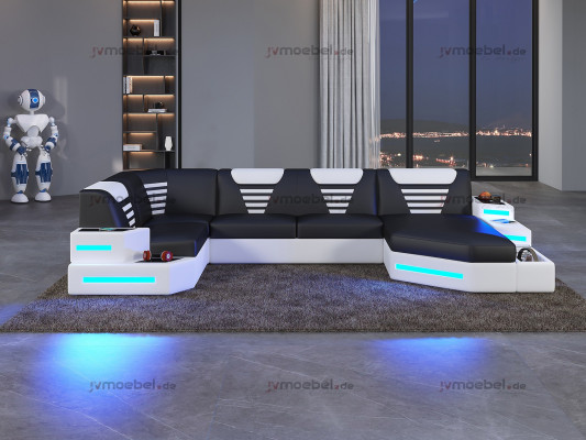 Eckbank Sofa Bank Bekleding Hoek Lederen Bankstellen Woonlandschap U Vorm + LED