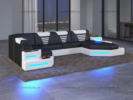 Eckbank Sofa Bank Bekleding Hoek Lederen Bankstellen Woonlandschap U Vorm + LED