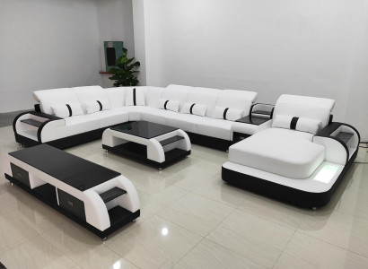 Woonlandschap Bank Beklede Bankstel 3-delig Set Salontafel Dressoir Leer