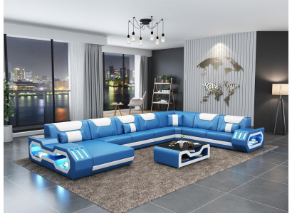 Hoekbank U-vorm Salontafel Bank Ontwerp Grijs Bekleding Leer Modern Woonlandschap
