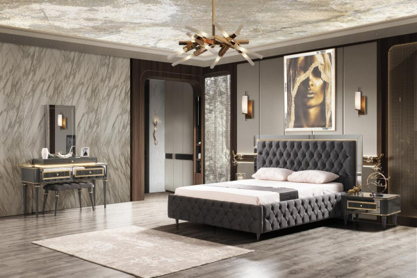 Luxe Chesterfield bed met roestvrijstalen frame. Luxe bedden. Zwarte stof.
