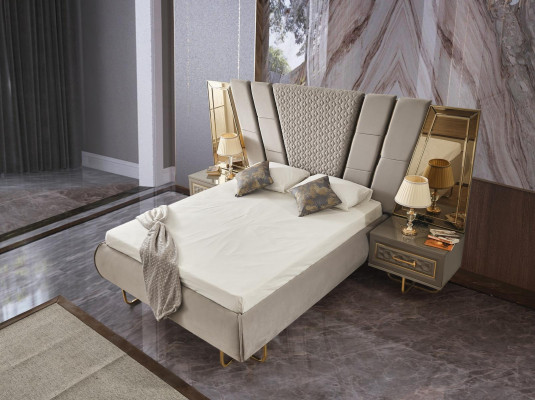 Luxe bed hotelbedden met 2x nachtkastje Gouden glanzende meubels Slaapkamer