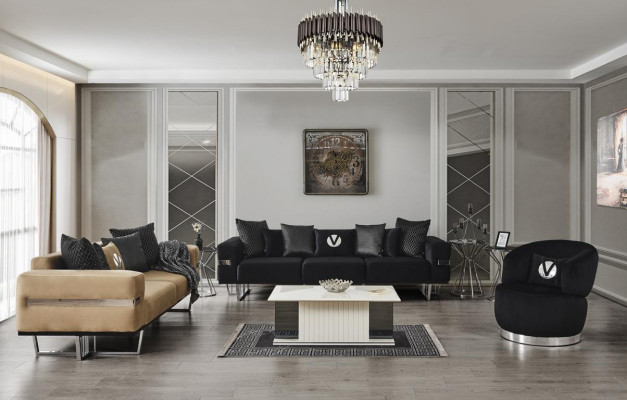 Modern woonkamerset Zwarte bank zwarte fauteuil Salontafel nieuw
