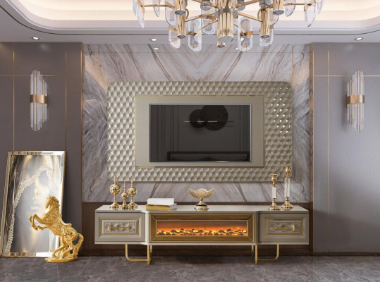 Luxe woonkamer met open haard tv-standaard tv-meubel muur woonkamermeubels dressoir