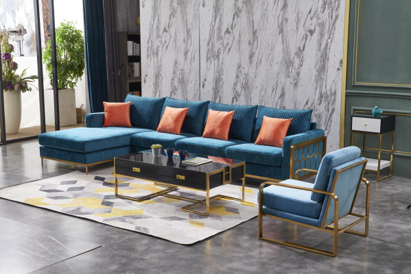 Hoekbank L-vorm Salontafel Bank Bank Ontwerp Bekleding Luxe Blauw Tafel