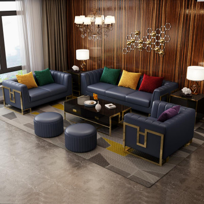 Blauw leren bankstel 3+2 zits set gestoffeerde banken woonkamer bankstellen