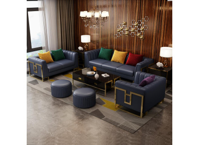 Blauw leren bankstel 3+2 zits set gestoffeerde banken woonkamer bankstellen
