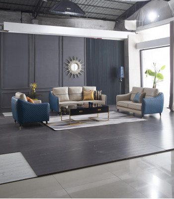 Blauw-Beige Bankstel 3+2 Lederen Zitbank Set Design Gestoffeerde Bankstellen Decoratie Meubels
