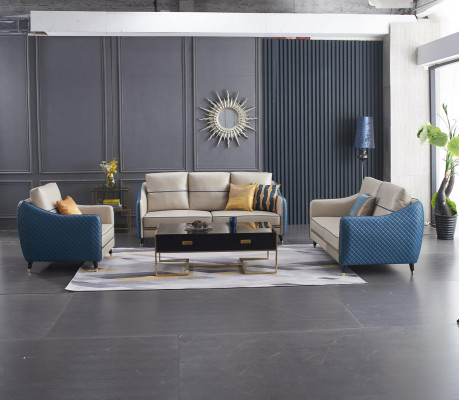 Blauw-Beige Bankstel 3+2 Lederen Zitbank Set Design Gestoffeerde Bankstellen Decoratie Meubels