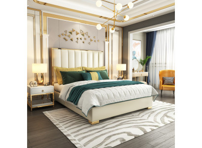 Klassieke slaapkamerbed Wit Textiel Bedden Lederen bekleding Tweepersoons