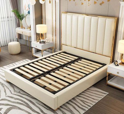 Klassieke slaapkamerbed Wit Textiel Bedden Lederen bekleding Tweepersoons