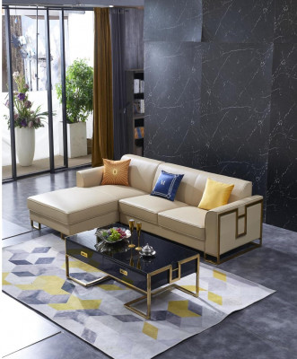 Luxe design hoekbank met lederen bekleding, zitgedeelte, Italiaanse woonlandschap.
