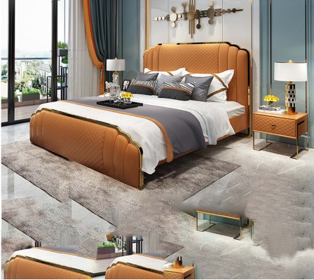 Ontwerp leren bed slaapkamer 3-delig set 2x nachtkastje bedden luxe meubels