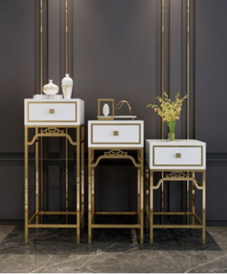 Standbeugels tafel zuil designplank - hout met hoogglans roestvrij staal