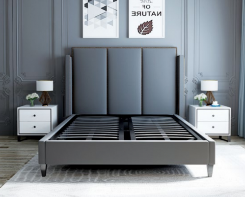 Luxe leren bed in metalen gouden design, gestoffeerd hotelbed 180x200cm.