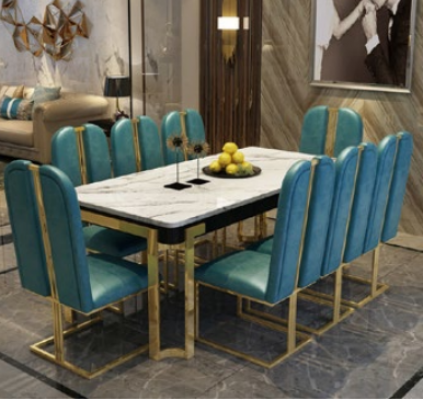 Roestvrijstalen marmeren imitatie tafel + 8 leunstoelen eetkamer set