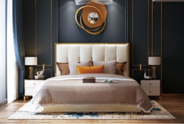 Luxe design leren bed met gouden metalen bekleding voor hotelslaapkamers.