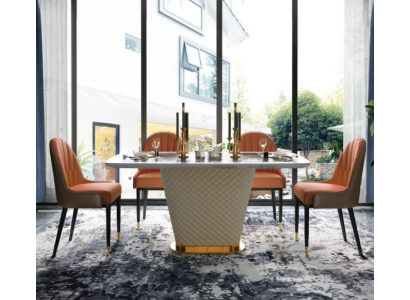 Luxe eettafel leer + roestvrij staal marmer imitatie steen tafel eetkamer
