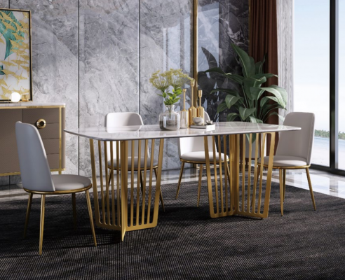 Luxe eettafel leer + roestvrij staal marmerimitatie tafel steen eetkamer