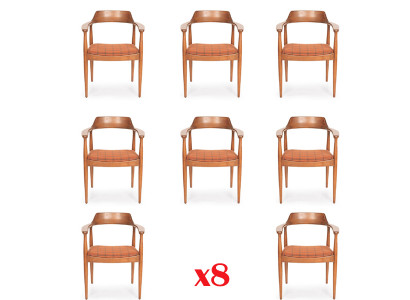 Stel van 8 stoelen stoel ontwerp hout stof bekleding stoelen eetkamer textiel.