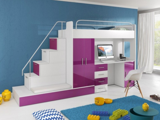 Paars kinderhoogslaper stapelbed tweepersoonsbed bed hoogglans meubels
