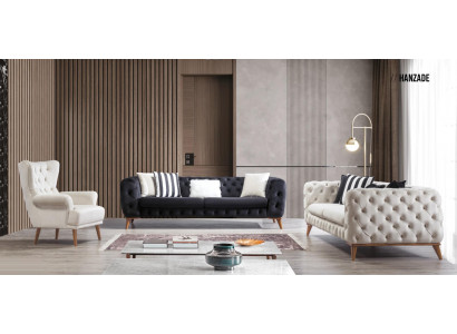 Bankstel Bank 3+3+1 Zitter Zwart Chesterfield Fauteuil Meubels