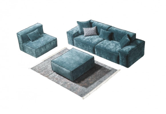 Sofaset Kubus Meubelen xxl 3+1 zits Blauwe Woonkamer Fauteuil Voetenbankje