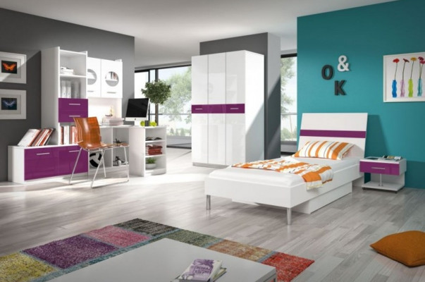 Bed + Nachtkastje Slaapkamer Jeugdkamer Kinderkamer Set Meubels Paars 2-delig.