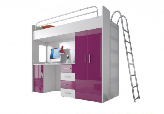 Lila stapelbed van hout met hoogglans, bureau en kast voor meisjes.