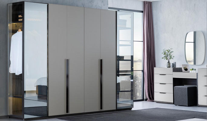 Grijze slaapkamerset compleet meubilair bed kast nachtkastjes meubilair 5-delig hout.