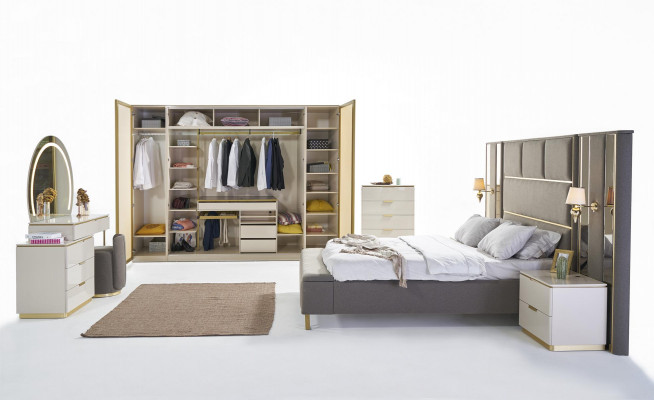 Taupe gestoffeerde bedden tweepersoonsbed houten slaapkamermeubels Hotel gestoffeerd 180x200.