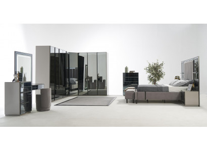 Luxe glazen slaapkamerbed nachtkastje hoekkast commode spiegel kruk grijs