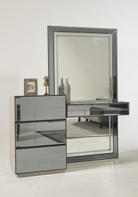 Luxe glazen slaapkamerbed nachtkastje hoekkast commode spiegel kruk grijs